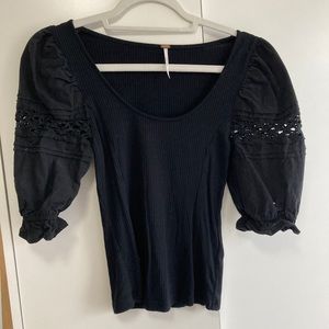 Free People Puff Sleeve Crochet Black XS